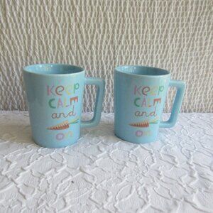 2 Large Stoneware Mugs Blue Keep Calm and Carry On 5 inch Microwave safe Pair